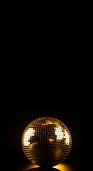 Golden disco ball on black background banner. Shiny glitter reflective night party sphere. Generate ai
