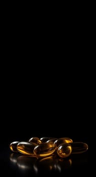 Orange pill omega capsules on black background banner. Fish omega gel tablets medication supplements. Generate ai