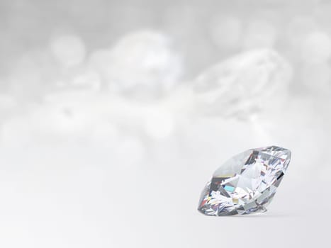 still with expensive cut diamonds in front of a white background, reflections on the ground. Lot of copyspace