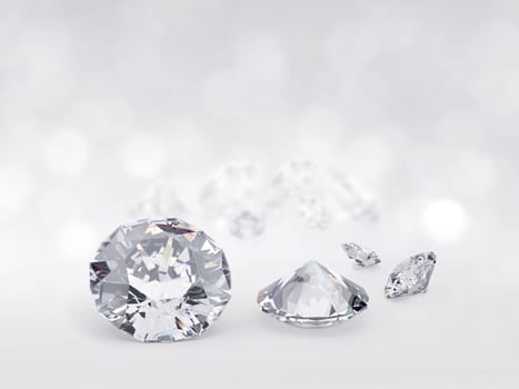 still with expensive cut diamonds in front of a white background, reflections on the ground. Lot of copyspace