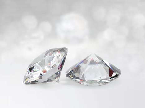 still with expensive cut diamonds in front of a white background, reflections on the ground. Lot of copyspace