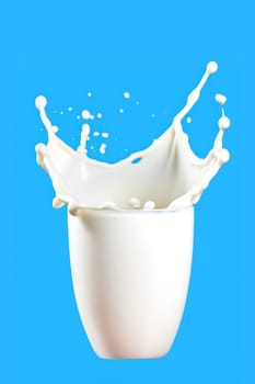 Glass of milk with splashes isolated on blue background