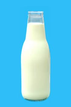 Open bottle of fresh milk isolated on blue background