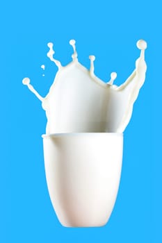 Glass of milk with splashes isolated on blue background