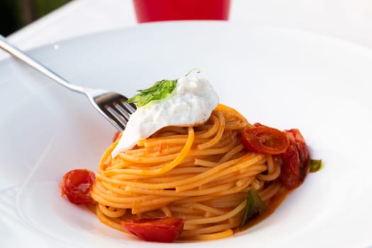 Italian pasta - spaghetti with mozzarella cheese closeup, mediterranean diet