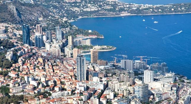 Monte Carlo - August 2022: panoramic view of the city with blue sea in Summer