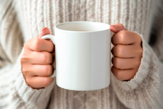 Woman holding a white mug mockup. Girl in warm sweater holding  white porcelain mug mock up. Copy space. AI generated