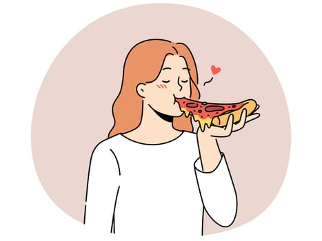 Happy woman eating delicious pizza. Smiling girl enjoy tasty Italian fast food. Traditional cuisine. Vector illustration.