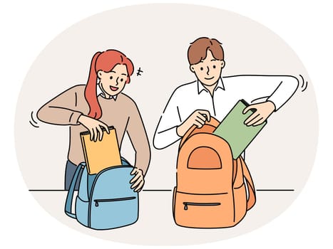 Smiling students pack backpacks in school or college. Happy pupils put books in bags finish classes in institution. Education. Vector illustration.