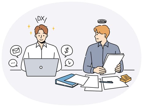 Frustrated male employee look at colleague efficient working on computer with DX conversion. Confused worker with paperwork and efficient one comparison. Vector illustration.