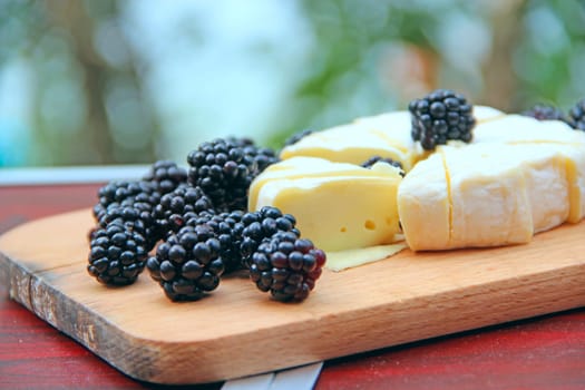 Cheese with blueberries on a wooden board. Sliced cheese with berries. blackberries with cheese. Natural food. Black berries on the board. Lunch with eco products in the garden