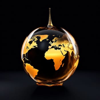 falling drop of oil in the shape of a globe on a black background .concept oil production and environmental protection