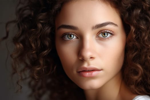 Beauty woman with curly hair, face and healthy clean skin, natural makeup. Beauty and spa concept. close-up portrait of a young beautiful woman.