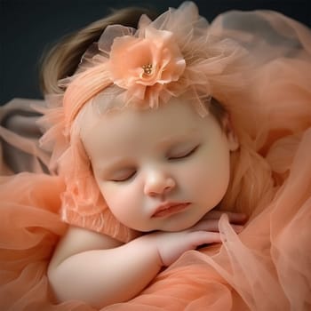 A newborn baby wearing a peach headband and a tulle tutu.Close-up portrait of a child. Newborn baby lifestyle concept