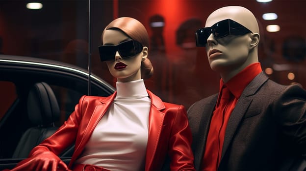 male and female stylish mannequins wearing sunglasses and bright red clothes near a car at a car exhibition