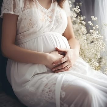 A pregnant woman in a white dress holds her hands on her stomach on a white background with flowers. Concept of pregnancy, motherhood, preparation and expectation.