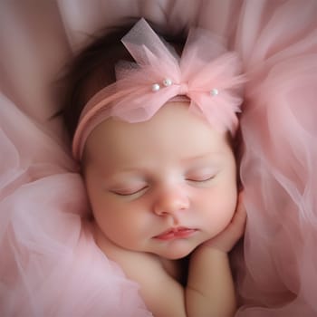 Newborn baby in a pink bandage with a bow and tulle. Close-up portrait of a child. Newborn baby lifestyle concept