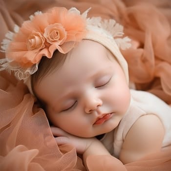 A newborn baby wearing a peach headband and a tulle tutu.Close-up portrait of a child. Newborn baby lifestyle concept