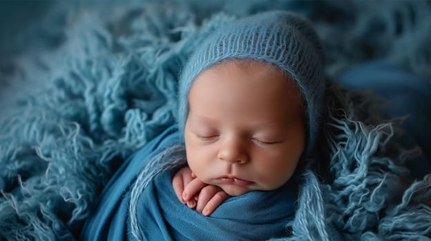 Beautiful little baby, sleeping happily, in a blue knitted hat a soft blanket. Close-up portrait of a child. Newborn baby lifestyle concept