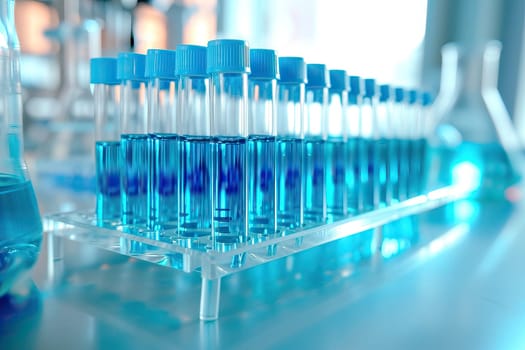 medical test tubes on the table against the background of a light white-blue blurred image of the laboratory,