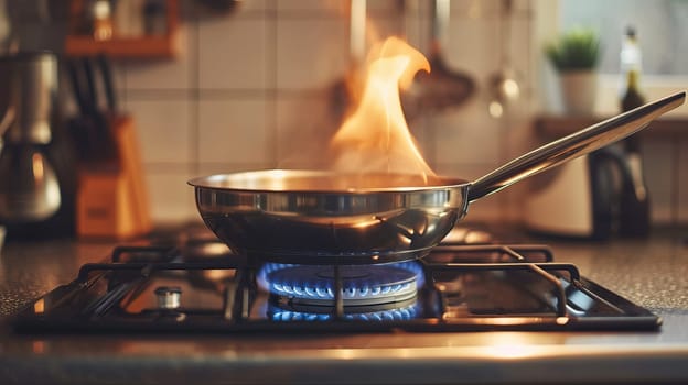 metal shiny frying pan on a gas stove against the background of a blurry image of the kitchen. fire over the frying pan. cooking over a fire, creating a flame