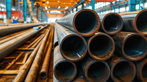 Stacks of round metal pipes in a warehouse on the territory of a factory.