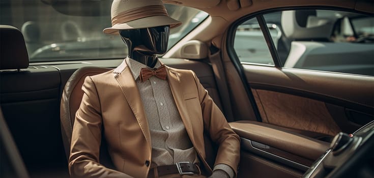 male black mannequin in a beige suit and hat in the interior of a car at a car exhibition.