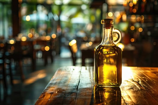 olive oil in a bottle, on a wooden table against the background of a restaurant, a podium for demonstrating the product .