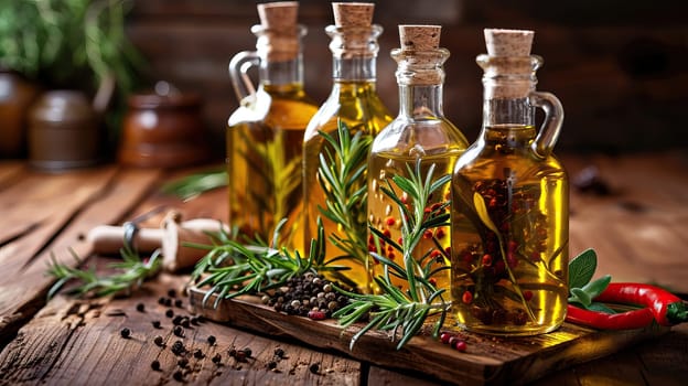 assortment of olive oil with herbs and seasonings in bottles, on a wooden table