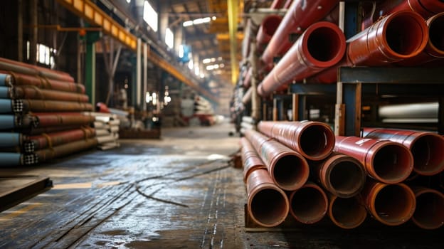 Stacks of round metal pipes on the factory premises