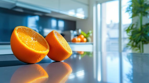 Fresh oranges on the table against the backdrop of a blurred image of a bright modern kitchen