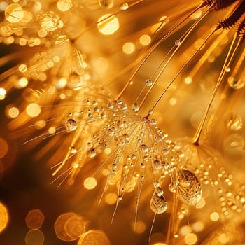 Water drops on a dandelion seed macro in nature in yellow and gold tones.Macro dandelion with dew drops.background