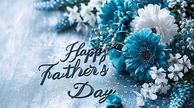 Happy Father's Day, light silver and blue colors. with a bouquet of flowers and an inscription