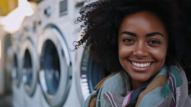 Portrait of a young beautiful black woman in the laundry room, smiling and looking at the camera