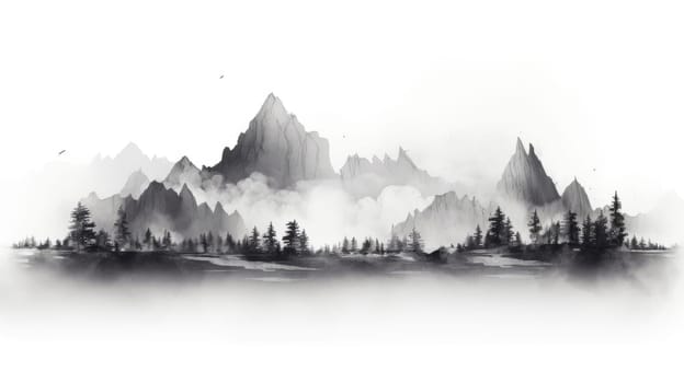 chinese ink painting of mountains with fog, ai