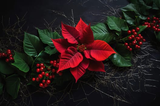 Red poinsettia flower decoration. Traditional celebration star shaped crimson flower ornament. Generate ai