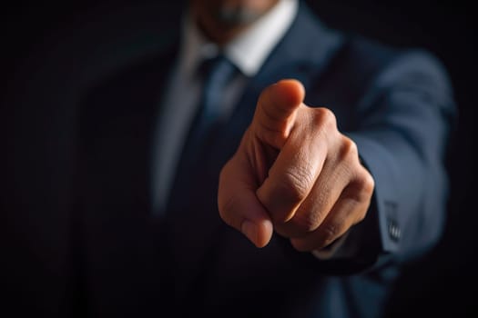 Businessman hand touching virtual screen, modern background concept. AI generated