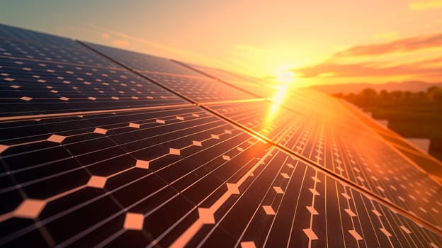 Arrangement of solar energy production plant. Solar panels reflect sparkling light from the sunset. Solar Panels At Sunset - Renewable Energy Concept. AI generated