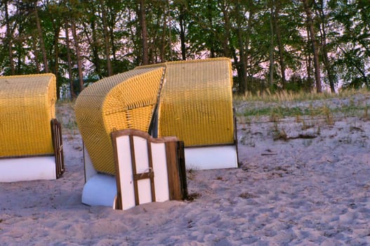 Beach chair on the beach at Zingst on the Baltic Sea. Trees in the background. Landscape shot on the coast