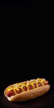 Hotdog mustard ketchup with onions vertical banner. Meat hot bread dinner fast food. Generate Ai