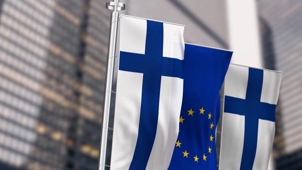 Finland and european union vertical banners waving on a clear day. 3d illustration render. Rippling fabric