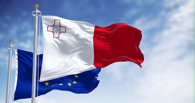 Flags of Malta and the European Union waving in the wind on a clear day. Malta became a member of the EU in may 2004. 3d illustration render. Fluttering textile. Waving flags