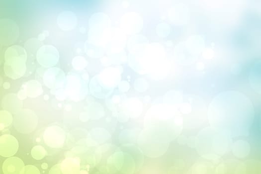 Abstract gradient light blue turquoise yellow green shiny blurred background texture with circular bokeh lights. Beautiful fresh backdrop. Space for design.