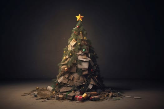 Garbage Christmas tree. Holiday season rubbish ecology waste. Generate ai