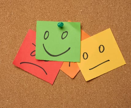 Drawn faces with different emotions on a sticker and attached to a cork board. Rating and quality assessment