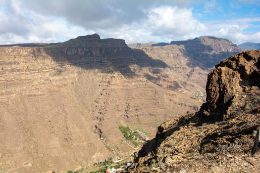 Mountains with a small village in the valley on the Canary Island of Gran Canaria in Spain, with blue sky and clouds