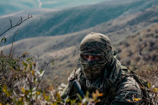 Special Forces Soldier action. Soldier with face mask and camouflage in a mountains area. AI generated