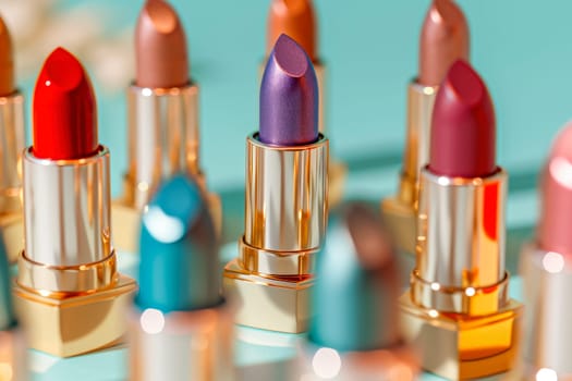 Set of lipsticks in colorful tones , close up view. AI generated