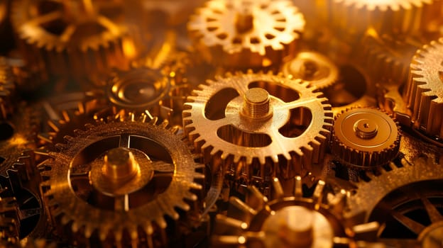 Close up of brass gears and cogwheels. Vintage gears macro view. Aged mechanical wheels background. AI generated