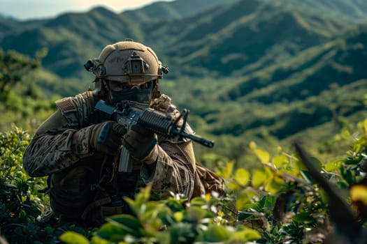 Special Forces Soldier action. Soldier with face mask and camouflage in a mountains area. AI generated